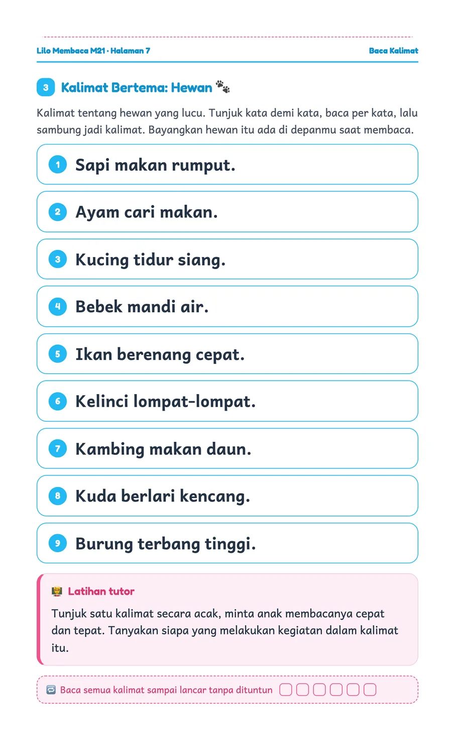 Lembar kerja Lilo: Mengisi kata yang hilang di kalimat hewan