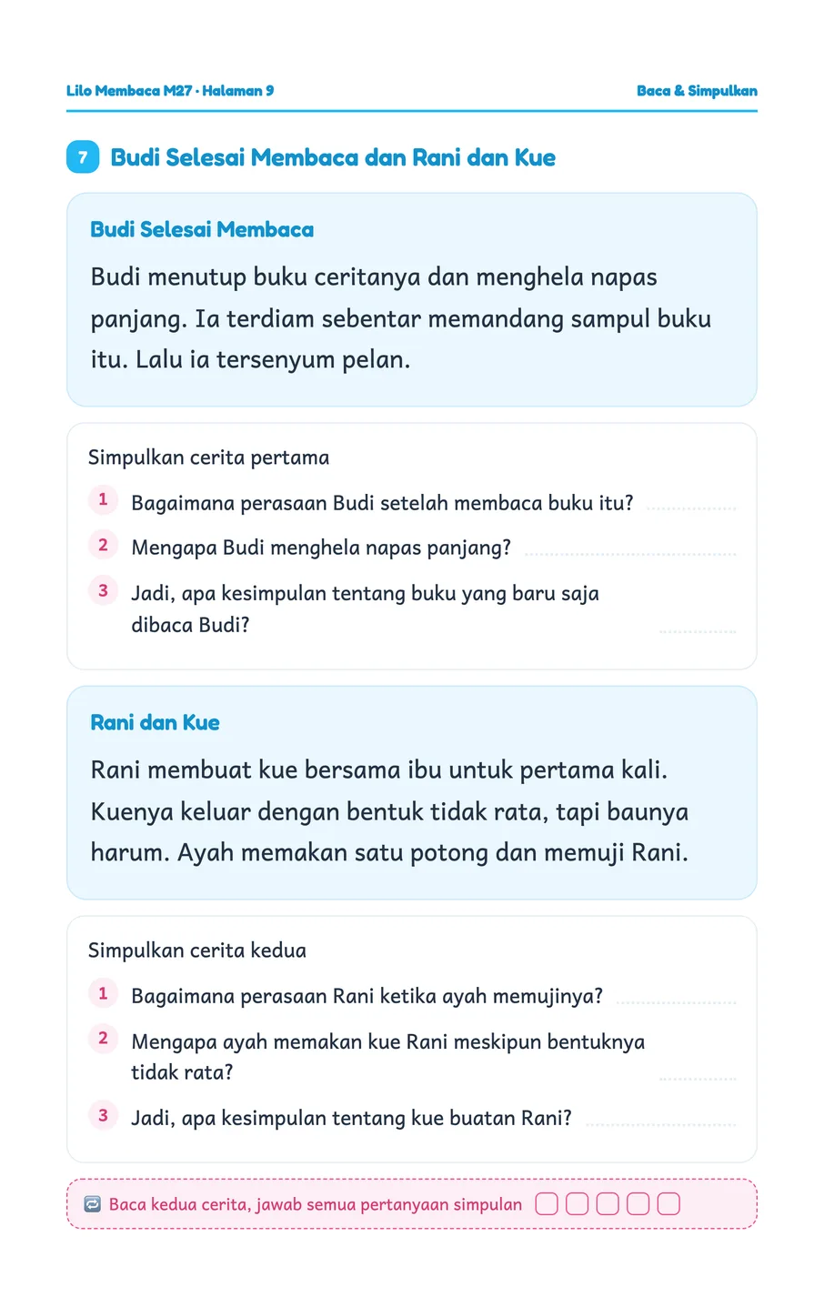 Lembar kerja Lilo: Membaca cerita Kupu-Kupu di Taman lalu menjawab