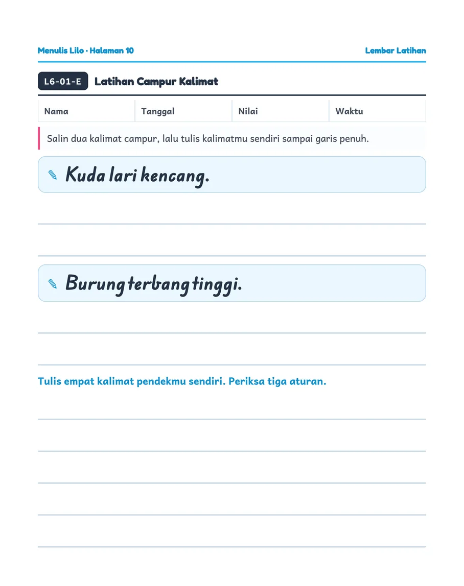 Lembar kerja Lilo: Menyalin kalimat campur lalu menulis kalimat sendiri