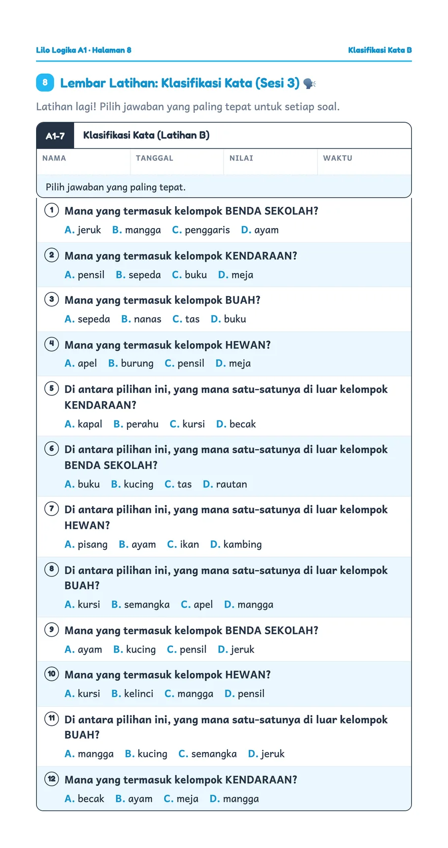 Lembar kerja Lilo: Mengelompokkan kata sesuai jenisnya
