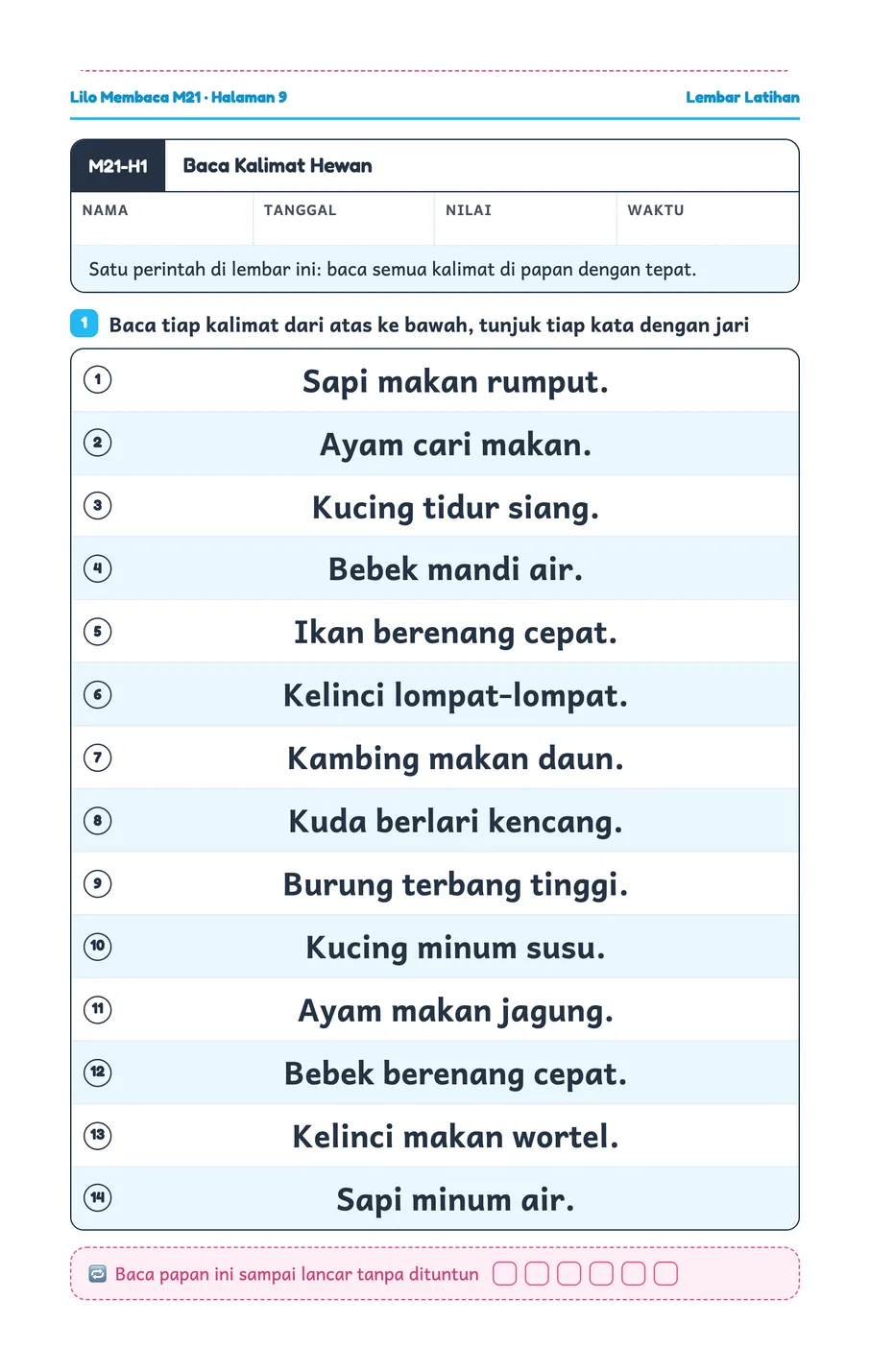 Lembar kerja Lilo: Membaca cepat papan kalimat hewan