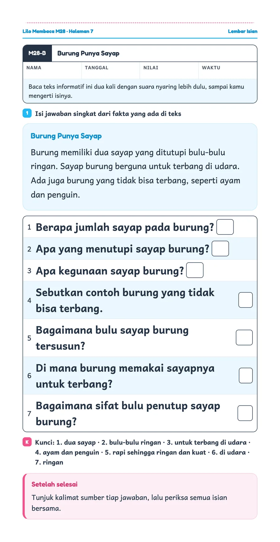 Lembar kerja Lilo: Membaca teks Kupu-Kupu Suka Bunga lalu menjawab