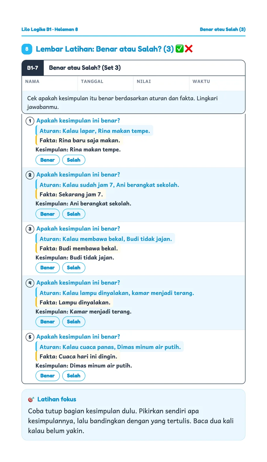 Lembar kerja Lilo: Memeriksa benar atau salah dari aturan dan fakta