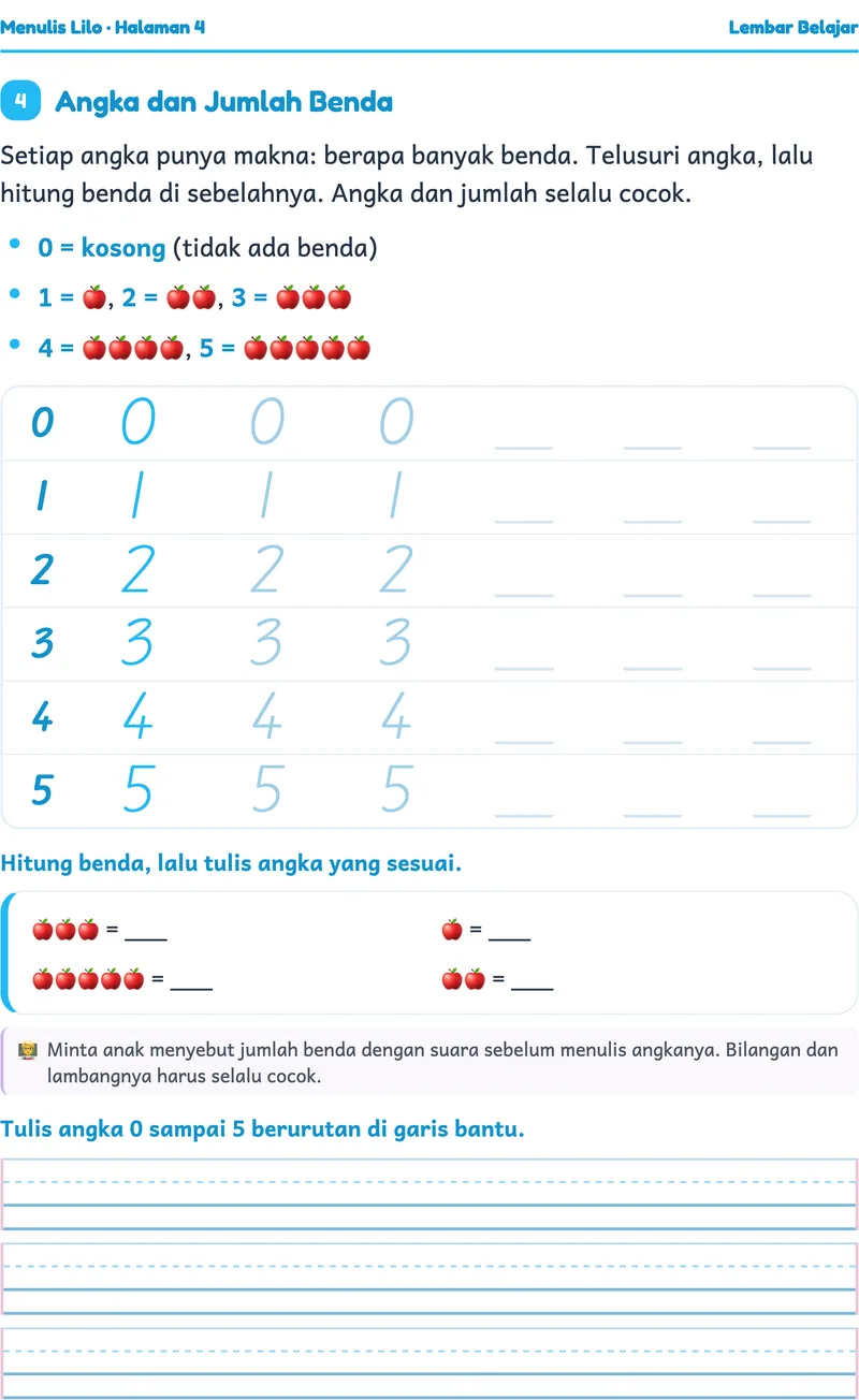 Cuplikan worksheet asli Menulis Angka 0 sampai 9