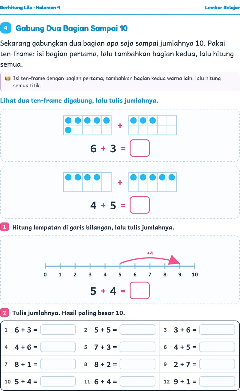 Cuplikan worksheet asli Penjumlahan dalam 10