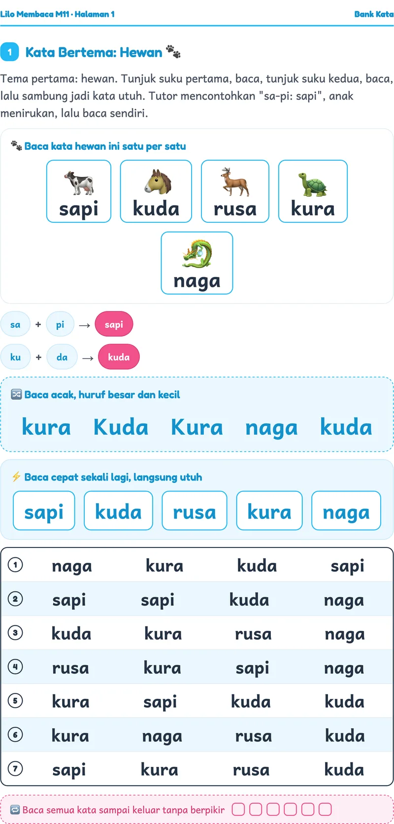 Cuplikan worksheet asli Kata Dua Suku Bertema